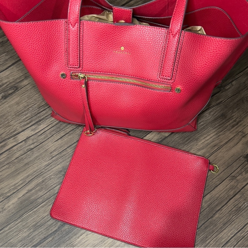 Travanti Women's Red Vegan Leather Detachable Zippered Pouch Tote Satchel
